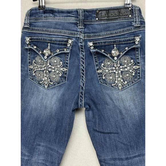 L.A. Idol Women's Cropped Jeans Size 5 Rhinestone Buttons/Pockets Distressed - Picture 11 of 16